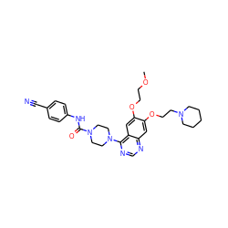 COCCOc1cc2c(N3CCN(C(=O)Nc4ccc(C#N)cc4)CC3)ncnc2cc1OCCN1CCCCC1 ZINC000027299748