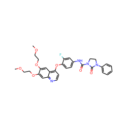 COCCOc1cc2nccc(Oc3ccc(NC(=O)N4CCN(c5ccccc5)C4=O)cc3F)c2cc1OCCOC ZINC000049695437