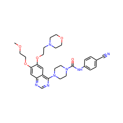 COCCOc1cc2ncnc(N3CCN(C(=O)Nc4ccc(C#N)cc4)CC3)c2cc1OCCN1CCOCC1 ZINC000027213720