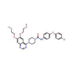 COCCOc1cc2ncnc(N3CCN(C(=O)Nc4ccc(Oc5ccc(Br)cc5)cc4)CC3)c2cc1OCCOC ZINC000027209043
