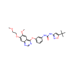 COCCOc1cc2ncnc(Oc3cccc(NC(=O)Nc4cc(C(C)(C)C)on4)c3)c2cc1OC ZINC000072181306