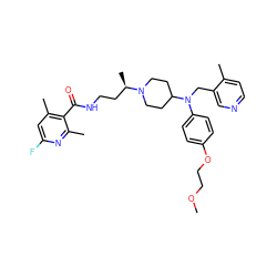 COCCOc1ccc(N(Cc2cnccc2C)C2CCN([C@H](C)CCNC(=O)c3c(C)cc(F)nc3C)CC2)cc1 ZINC000082155314