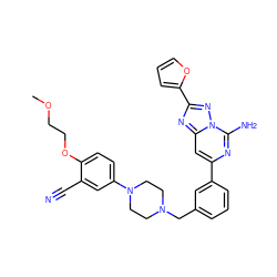 COCCOc1ccc(N2CCN(Cc3cccc(-c4cc5nc(-c6ccco6)nn5c(N)n4)c3)CC2)cc1C#N ZINC000028117845