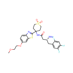 COCCOc1ccc2nc(C3(NC(=O)C[C@H](N)Cc4cc(F)c(F)cc4F)CCS(=O)(=O)CC3)sc2c1 ZINC000044417647