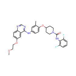 COCCOc1ccc2ncnc(Nc3ccc(OC4CCN(C(=O)Nc5c(F)cccc5F)CC4)c(C)c3)c2c1 ZINC000028706389