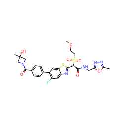 COCCS(=O)(=O)[C@@H](C(=O)NCc1nnc(C)o1)c1nc2cc(F)c(-c3ccc(C(=O)N4CC(C)(O)C4)cc3)cc2s1 ZINC000143940116