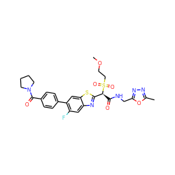 COCCS(=O)(=O)[C@@H](C(=O)NCc1nnc(C)o1)c1nc2cc(F)c(-c3ccc(C(=O)N4CCCC4)cc3)cc2s1 ZINC000144280294