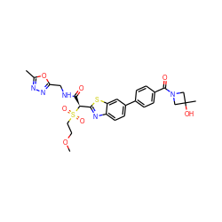 COCCS(=O)(=O)[C@@H](C(=O)NCc1nnc(C)o1)c1nc2ccc(-c3ccc(C(=O)N4CC(C)(O)C4)cc3)cc2s1 ZINC000145506748