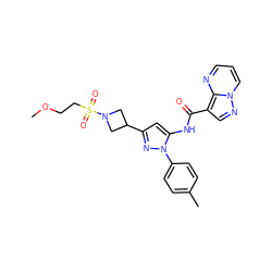 COCCS(=O)(=O)N1CC(c2cc(NC(=O)c3cnn4cccnc34)n(-c3ccc(C)cc3)n2)C1 ZINC000203737655