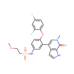 COCCS(=O)(=O)Nc1ccc(Oc2ccc(F)cc2F)c(-c2cn(C)c(=O)c3[nH]ccc23)c1 ZINC000146683968