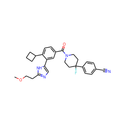 COCCc1ncc(-c2cc(C(=O)N3CCC(F)(c4ccc(C#N)cc4)CC3)ccc2C2CCC2)[nH]1 ZINC000143576789