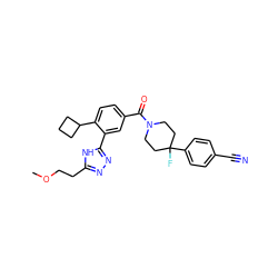 COCCc1nnc(-c2cc(C(=O)N3CCC(F)(c4ccc(C#N)cc4)CC3)ccc2C2CCC2)[nH]1 ZINC000150262883