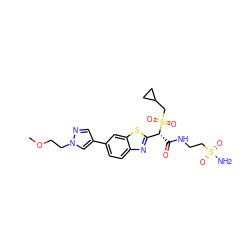 COCCn1cc(-c2ccc3nc([C@@H](C(=O)NCCS(N)(=O)=O)S(=O)(=O)CC4CC4)sc3c2)cn1 ZINC000146069344