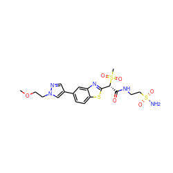 COCCn1cc(-c2ccc3sc([C@@H](C(=O)NCCS(N)(=O)=O)S(C)(=O)=O)nc3c2)cn1 ZINC000143991587