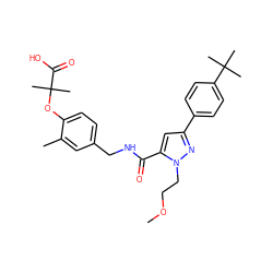 COCCn1nc(-c2ccc(C(C)(C)C)cc2)cc1C(=O)NCc1ccc(OC(C)(C)C(=O)O)c(C)c1 ZINC000040391278