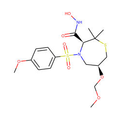 COCO[C@@H]1CSC(C)(C)[C@H](C(=O)NO)N(S(=O)(=O)c2ccc(OC)cc2)C1 ZINC000013801785