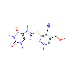 COCc1cc(C)nc(Sc2nc3c(c(=O)n(C)c(=O)n3C)n2C)c1C#N ZINC000001098426