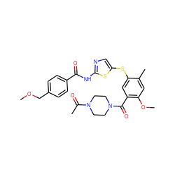 COCc1ccc(C(=O)Nc2ncc(Sc3cc(C(=O)N4CCN(C(C)=O)CC4)c(OC)cc3C)s2)cc1 ZINC000036184886