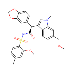 COCc1ccc2c([C@@H](C(=O)NS(=O)(=O)c3ccc(C)cc3OC)c3ccc4c(c3)OCO4)cn(C)c2c1 ZINC000103274241