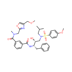 COCc1coc(CN(C)C(=O)c2cccc(C(=O)N[C@@H](Cc3ccccc3)[C@H](O)CN(CC(C)C)S(=O)(=O)c3ccc(OC)cc3)c2)n1 ZINC000068203925