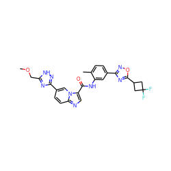 COCc1nc(-c2ccc3ncc(C(=O)Nc4cc(-c5noc(C6CC(F)(F)C6)n5)ccc4C)n3c2)n[nH]1 ZINC000206107115