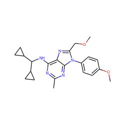 COCc1nc2c(NC(C3CC3)C3CC3)nc(C)nc2n1-c1ccc(OC)cc1 ZINC000072122664