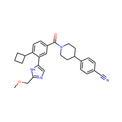 COCc1ncc(-c2cc(C(=O)N3CCC(c4ccc(C#N)cc4)CC3)ccc2C2CCC2)[nH]1 ZINC000149358342