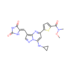 CON(C)C(=O)c1ccc(-c2cc(NC3CC3)n3ncc(/C=C4\NC(=O)NC4=O)c3n2)s1 ZINC000219517877