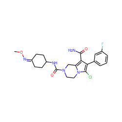 CON=C1CCC(NC(=O)N2CCn3c(Cl)c(-c4cccc(F)c4)c(C(N)=O)c3C2)CC1 ZINC000148313543