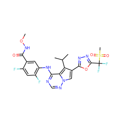 CONC(=O)c1cc(Nc2ncnn3cc(-c4nnc(C(F)(F)S(C)(=O)=O)o4)c(C(C)C)c23)c(F)cc1F ZINC000003938413