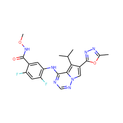 CONC(=O)c1cc(Nc2ncnn3cc(-c4nnc(C)o4)c(C(C)C)c23)c(F)cc1F ZINC000013645303