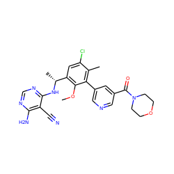 COc1c([C@@H](C)Nc2ncnc(N)c2C#N)cc(Cl)c(C)c1-c1cncc(C(=O)N2CCOCC2)c1 ZINC000146944537