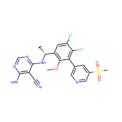 COc1c([C@@H](C)Nc2ncnc(N)c2C#N)cc(Cl)c(Cl)c1-c1cncc(S(C)(=O)=O)c1 ZINC000146910941