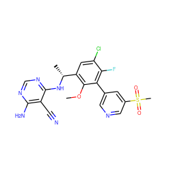 COc1c([C@@H](C)Nc2ncnc(N)c2C#N)cc(Cl)c(F)c1-c1cncc(S(C)(=O)=O)c1 ZINC000146945716