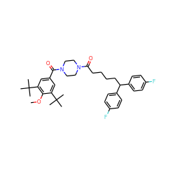 COc1c(C(C)(C)C)cc(C(=O)N2CCN(C(=O)CCCCC(c3ccc(F)cc3)c3ccc(F)cc3)CC2)cc1C(C)(C)C ZINC000006716466