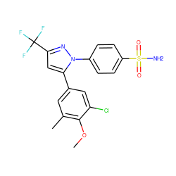 COc1c(C)cc(-c2cc(C(F)(F)F)nn2-c2ccc(S(N)(=O)=O)cc2)cc1Cl ZINC000003814688