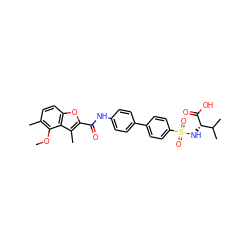 COc1c(C)ccc2oc(C(=O)Nc3ccc(-c4ccc(S(=O)(=O)N[C@H](C(=O)O)C(C)C)cc4)cc3)c(C)c12 ZINC000028526007