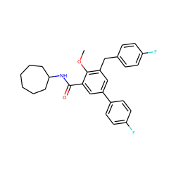 COc1c(Cc2ccc(F)cc2)cc(-c2ccc(F)cc2)cc1C(=O)NC1CCCCCC1 ZINC000653846256