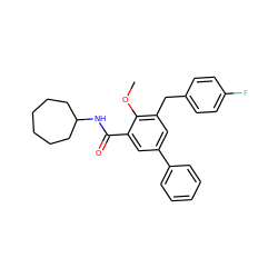 COc1c(Cc2ccc(F)cc2)cc(-c2ccccc2)cc1C(=O)NC1CCCCCC1 ZINC000653847637