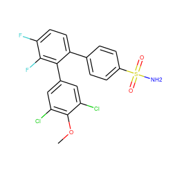 COc1c(Cl)cc(-c2c(-c3ccc(S(N)(=O)=O)cc3)ccc(F)c2F)cc1Cl ZINC000028385260