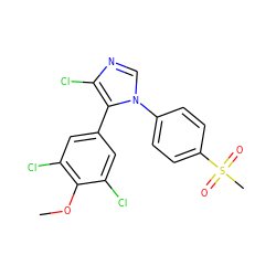 COc1c(Cl)cc(-c2c(Cl)ncn2-c2ccc(S(C)(=O)=O)cc2)cc1Cl ZINC000000592940