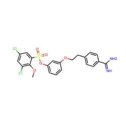 COc1c(Cl)cc(Cl)cc1S(=O)(=O)Oc1cccc(OCCc2ccc(C(=N)N)cc2)c1 ZINC000013864358