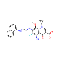 COc1c(NCCNc2cccc3ccccc23)c(F)c(N)c2c(=O)c(C(=O)O)cn(C3CC3)c12 ZINC000072125772