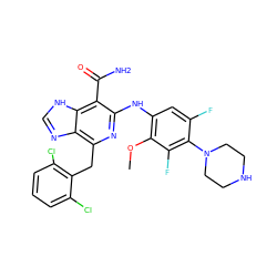 COc1c(Nc2nc(Cc3c(Cl)cccc3Cl)c3nc[nH]c3c2C(N)=O)cc(F)c(N2CCNCC2)c1F ZINC000142372339