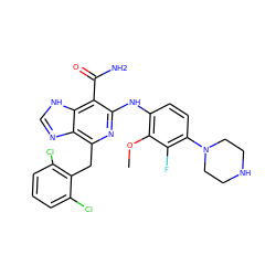 COc1c(Nc2nc(Cc3c(Cl)cccc3Cl)c3nc[nH]c3c2C(N)=O)ccc(N2CCNCC2)c1F ZINC000142326598