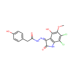 COc1c(O)c2c(c(Cl)c1Cl)NC(=O)/C2=N\NC(=O)Cc1ccc(O)cc1 ZINC000072178780