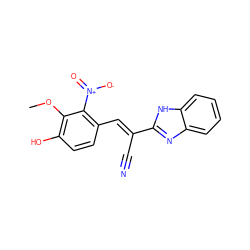 COc1c(O)ccc(/C=C(\C#N)c2nc3ccccc3[nH]2)c1[N+](=O)[O-] ZINC000004149747