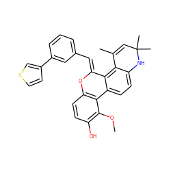 COc1c(O)ccc2c1-c1ccc3c(c1/C(=C/c1cccc(-c4ccsc4)c1)O2)C(C)=CC(C)(C)N3 ZINC000136639524