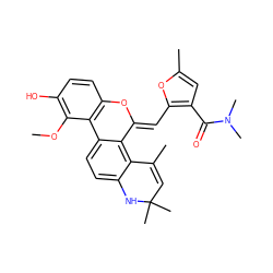 COc1c(O)ccc2c1-c1ccc3c(c1/C(=C/c1oc(C)cc1C(=O)N(C)C)O2)C(C)=CC(C)(C)N3 ZINC000135774478