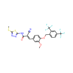 COc1cc(/C=C(\C#N)C(=O)Nc2nnc(SC)s2)ccc1OCc1ccc(C(F)(F)F)cc1C(F)(F)F ZINC000036243071